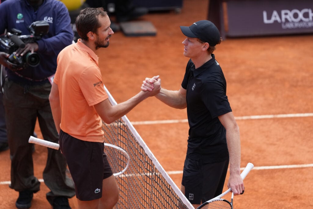 Daniil Medvedev and Jannik Sinner shake hands after their match at the 2026 Italian Open