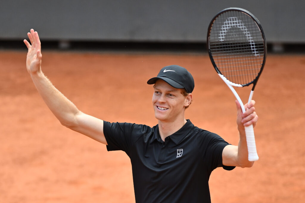 Jannik Sinner of Italy celebrates his victory against Daniil Medvedev during the Internazionali BNL d'Italia Day Twelve at Foro Italico in Rome, Italy, on May 16, 2026.