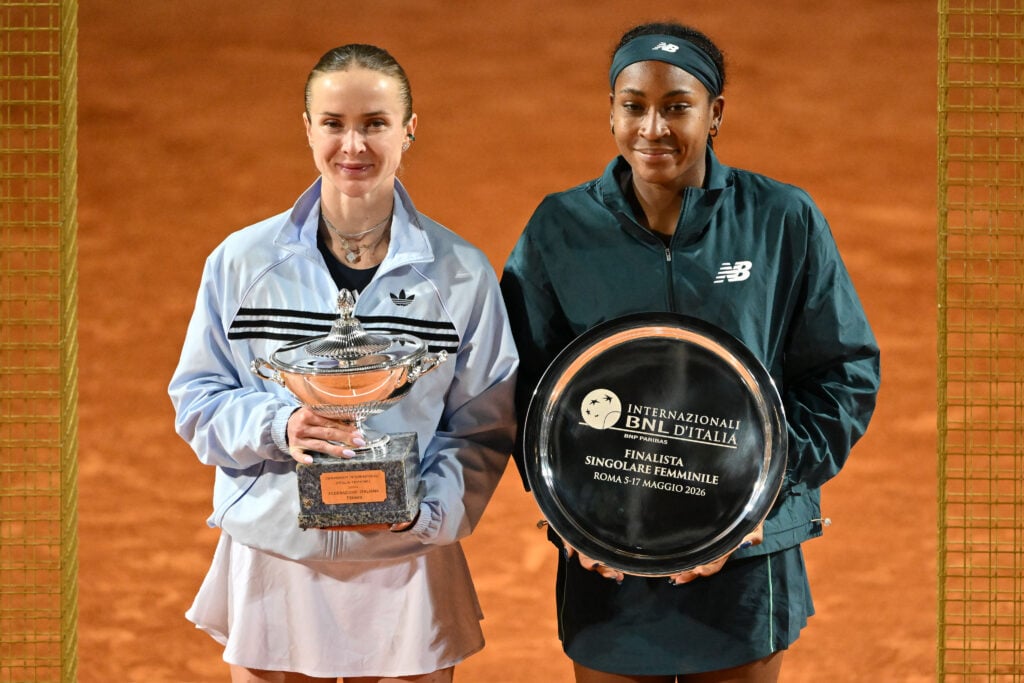 Elina Svitolina and Coco Gauff pose with their trophies after the 2026 Italian Open final.