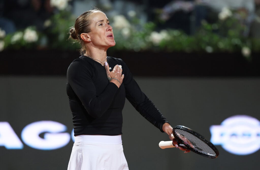 Elina Svitolina of Ukraine celebrates after winning match point against Elena Rybakina of Kazakhstan during the Women's Singles Quarter-Final match on Day Nine of Internazionali BNL D'Italia 2026 at Foro Italico on May 13, 2026 in Rome, Italy.