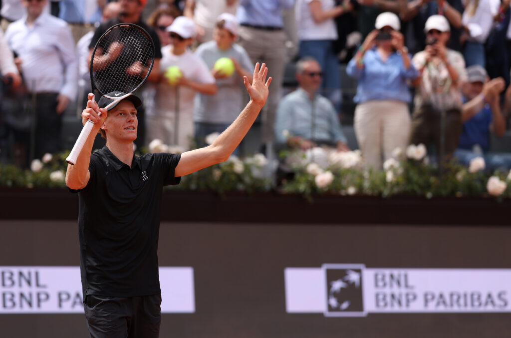 Jannik Sinner reacts after beating Andrey Rublev at the 2026 Italian Open.