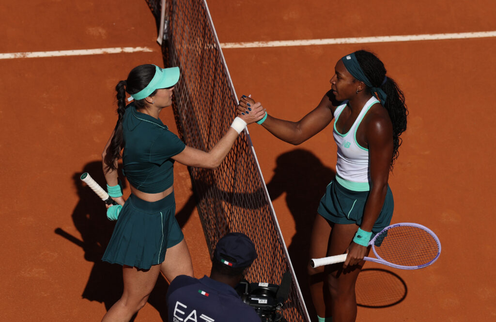 Sorana Cirstea (L) of Romania congratulates Coco Gauff (R) of United States after the Women's Singles Semifinal match on day ten of the Internazionali BNL D'Italia at Foro Italico on May 14, 2026 in Rome, Italy.