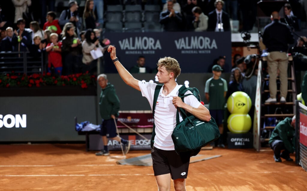 Martin Landaluce leaves the court after losing to Daniil Medvedev at the 2026 Italian Open.