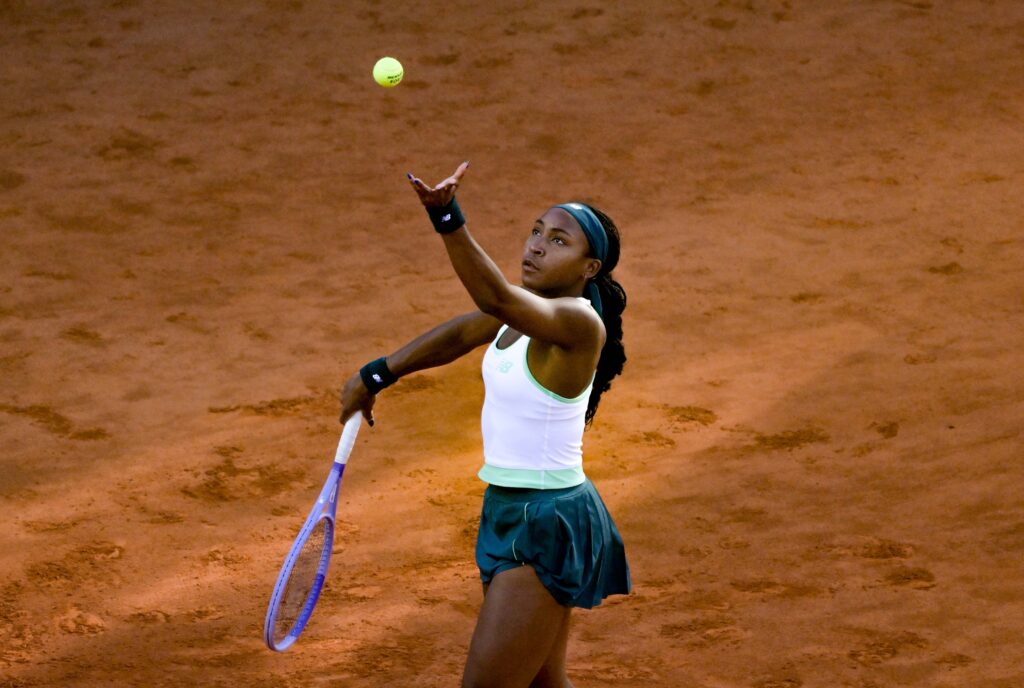 Coco Gauff serves during the 2026 Italian Open final