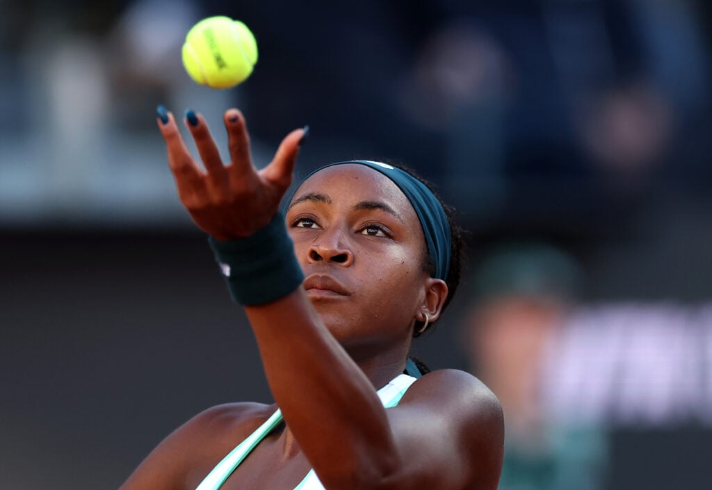 Coco Gauff of the United States serves against Elina Svitolina of Ukraine during their Women's Singles Final match on Day Twelve of the Internazionali BNL D'Italia 2026 at Foro Italico on May 16, 2026 in Rome, Italy.