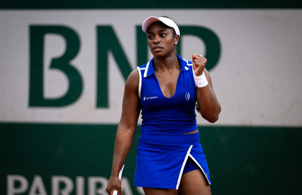 Sloane Stephens reacts during her match against Lisa Pigato in Roland Garros qualifying in 2026.