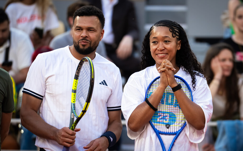 Jo-Wilfried Tsonga and Naomi Osaka during Gael & Friends exhibition ahead of Roland Garros in 2026.