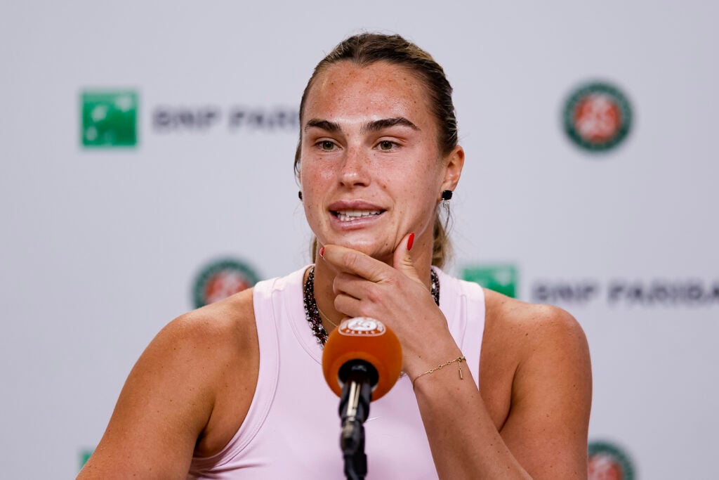 Aryna Sabalenka talks during the Media Day prior to the 2026 French Open at Roland Garros on May 22, 2026 in Paris, France.