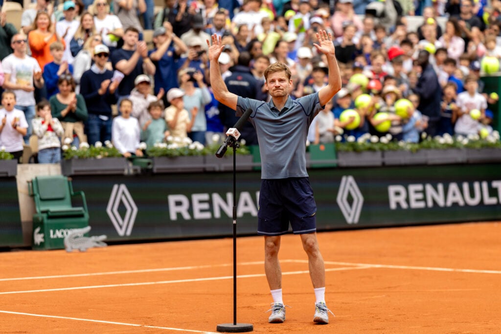 David Goffin of Belgium reacts to the spectators after playing his last match at Roland Garros after his loss to Toby Samuel of Great Britain on Court Suzanne Lenglen in round two of the Qualifying competition during the 2026 French Open Tennis Tournament at Roland Garros on May 20th, 2026, in Paris, France.