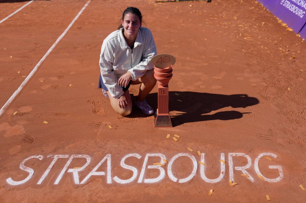 Emma Navarro celebrates after winning the 2026 WTA Internationaux de Strasbourg Women's tennis tournament at the Tennis Club de Strasbourg in Strasbourg, France, on May 24, 2026. Navarro defeats Victoria Mboko with scores of 6-0, 5-7, 6-2.