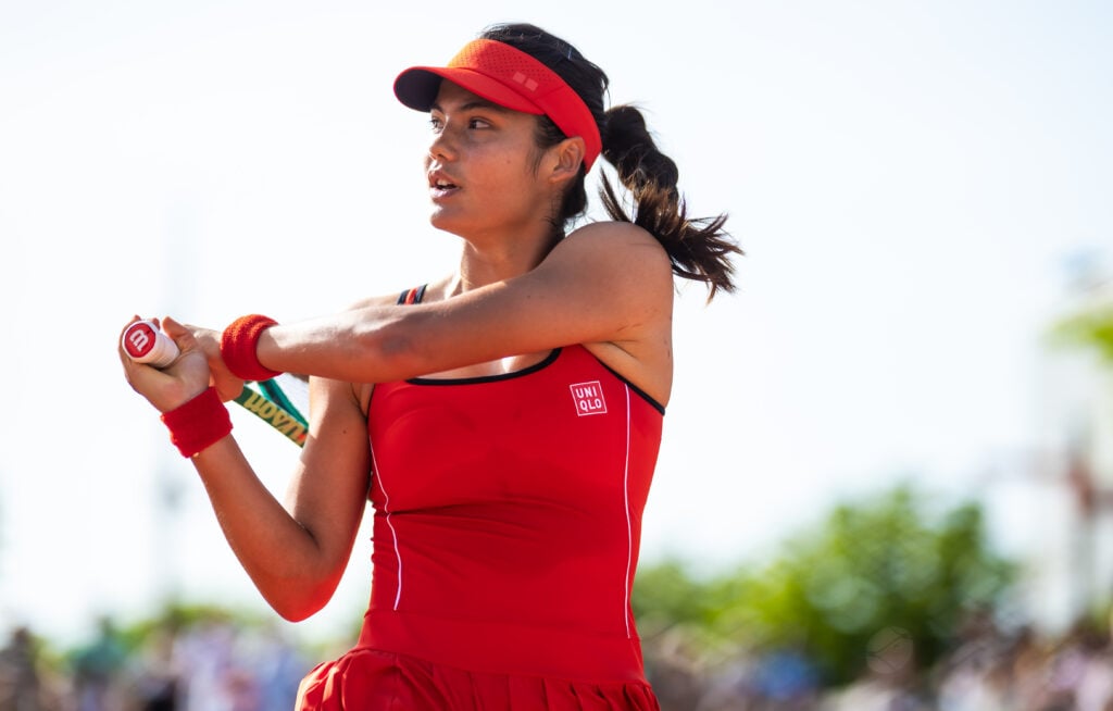 Emma Raducanu hits a backhand at Roland Garros in 2026.