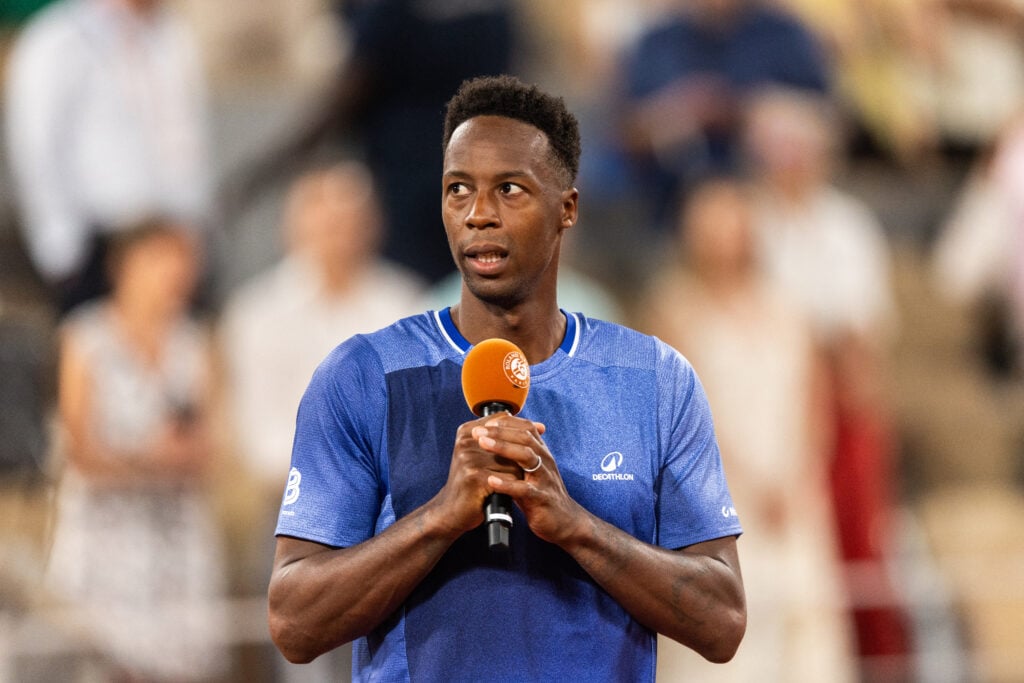 Gael Monfils speaks during a ceremony honoring his career on day two of the French Open tennis tournament on Court Philippe-Chatrier at the Roland-Garros Complex in Paris, France.