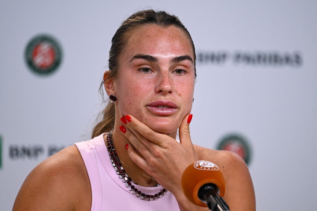 Aryna Sabalenka of Belarus attends a press conference ahead of the 2026 French Open at Roland Garros on May 22, 2026 in Paris, France.