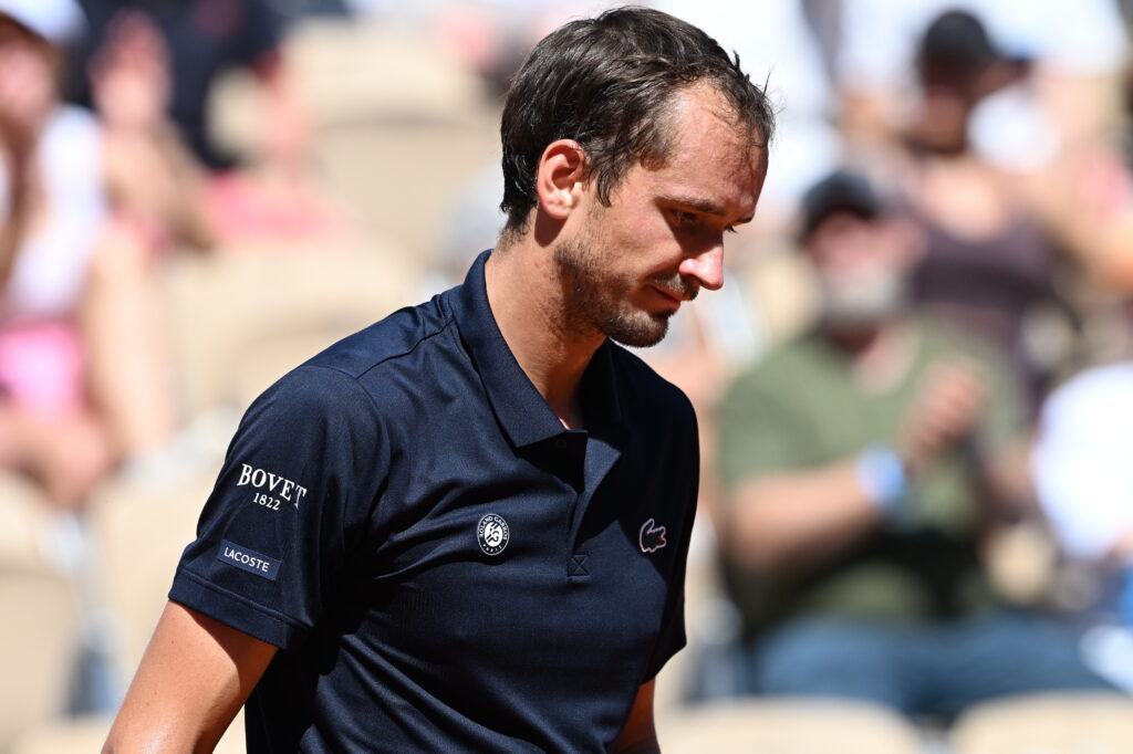 Adam Walton (not seen) of Australia in action against Daniil Medvedev during a first-round men's singles match on the third day of the French Open (Roland Garros) in Paris, France, on May 26, 2026.