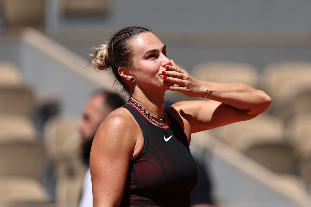 Aryna Sabalenka celebrates at the French Open