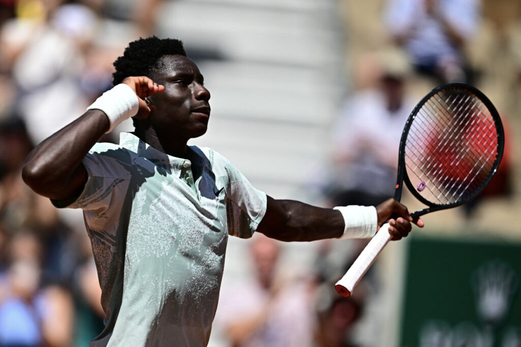 France's Moise Kouame reacts to a point against Croatia's Marin Cilic during their men's singles match on day 3 of the French Open tennis tournament on Court Simonne-Mathieu at the Roland-Garros Complex in Paris on May 26, 2026.