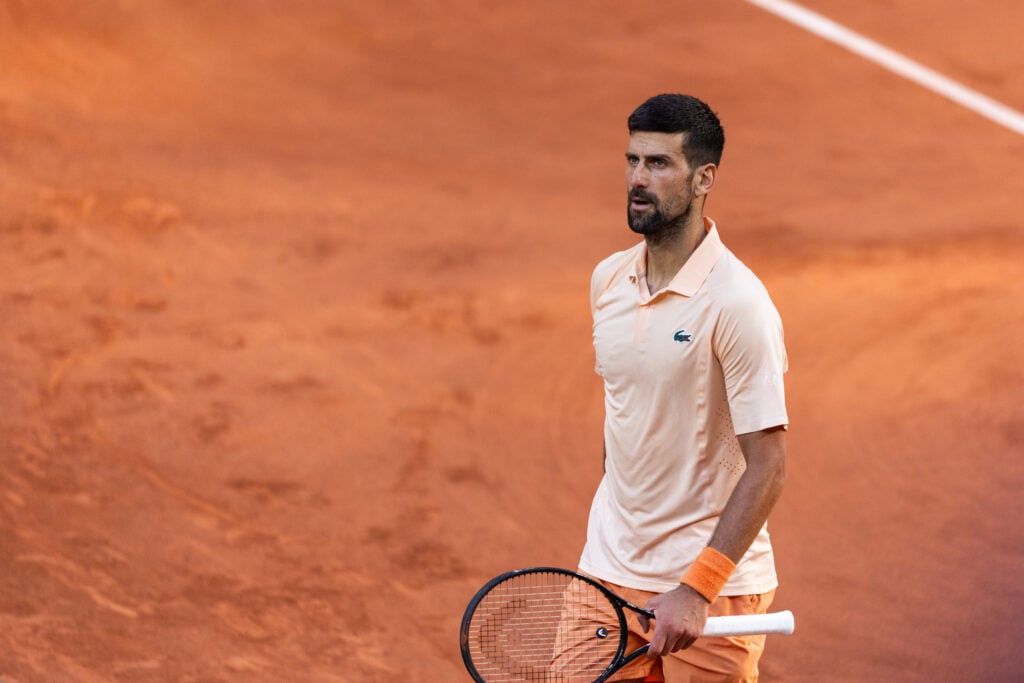 Novak Djokovic reacts during his men's singles match against Valentin Royer on day 4 of the French Open tennis tournament on Court Philippe-Chatrier at the Roland-Garros Complex in Paris, France.