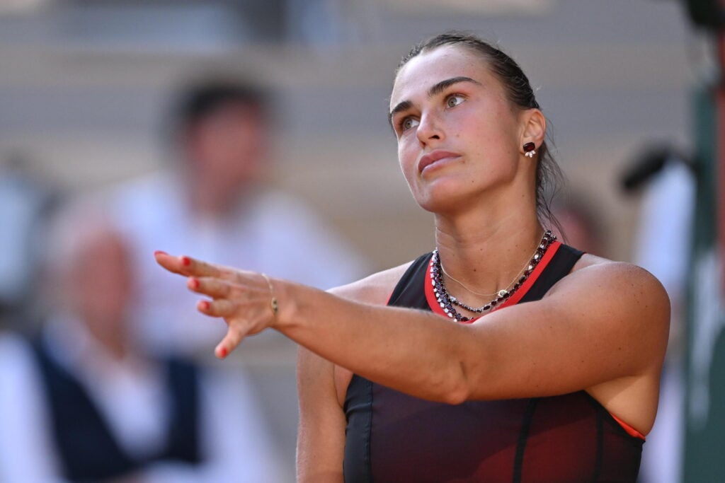 Aryna Sabalenka reacts during her second-round match at the 2026 French Open