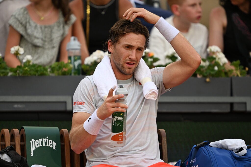 Casper Ruud looks on during his match against Tommy Paul at Roland Garros in 2026.