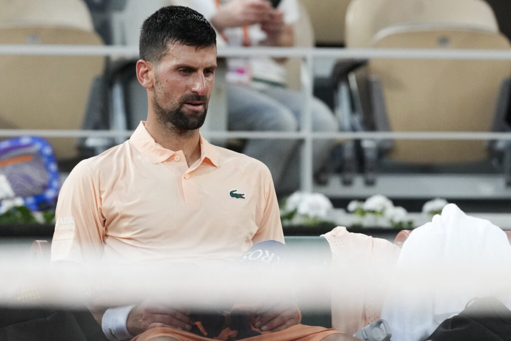 Novak Djokovic reacts during his defeat to Joao Fonseca at Roland Garros.