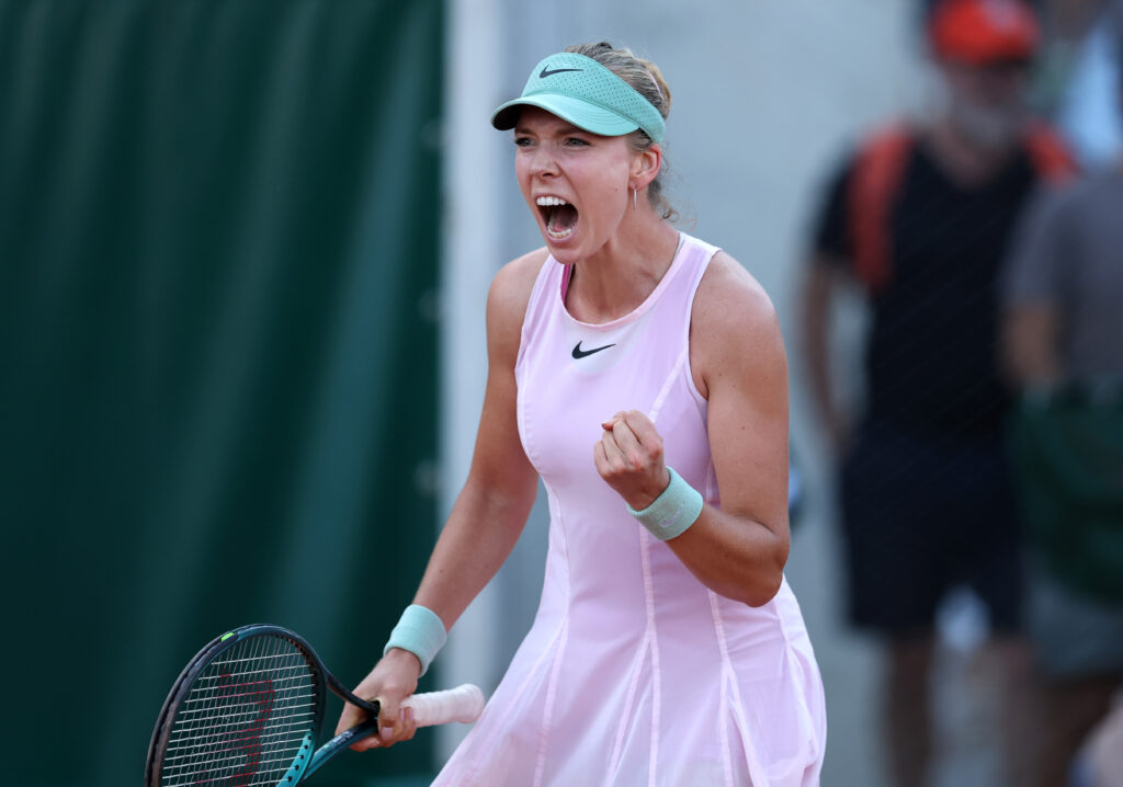Katie Boulter of Great Britain reacts during their Women's Singles first round match against Akasha Urhobo of United States on Day Two of the 2026 French Open at Roland Garros on May 25, 2026 in Paris, France.