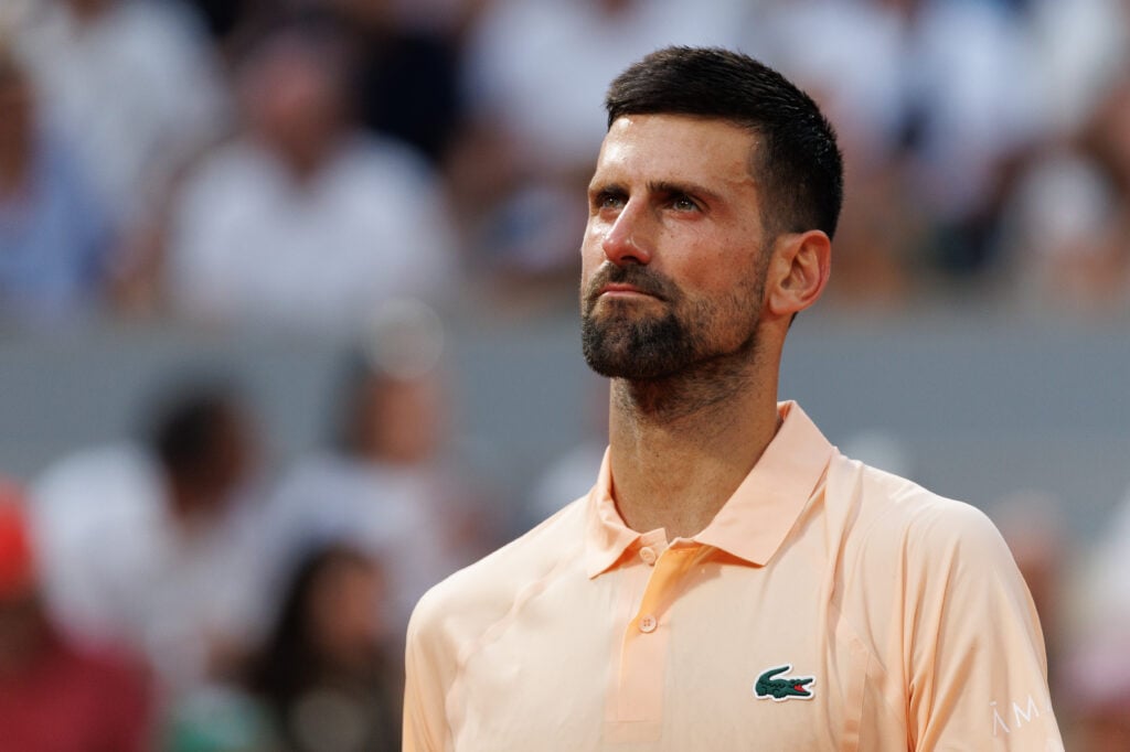 Novak Djokovic looks on during his defeat to Joao Fonseca at the 2026 French Open