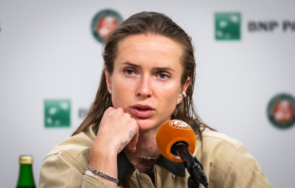 Elina Svitolina of Ukraine talks to the media after defeating Belinda Bencic of Switzerland in the fourth round on Day Eight of the 2026 French Open at Roland Garros on May 31, 2026 in Paris, France