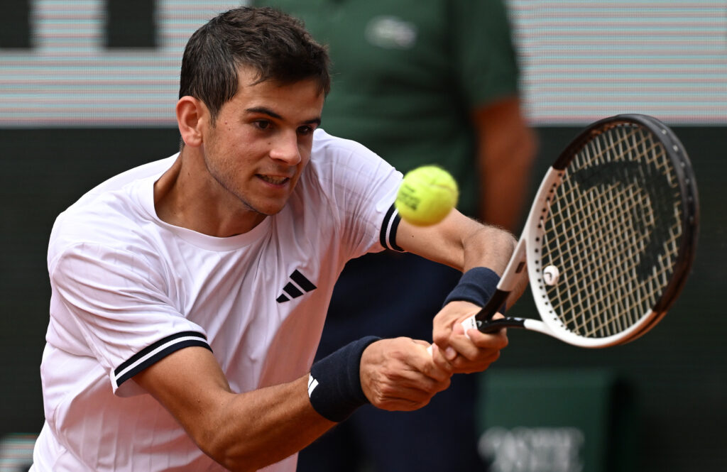 Rafael Jodar of Spain in action against Pablo Carreno Busta (not seen) of Spain during their Men's Singles fourth round match on Day Eight of the 2026 French Open tennis tournament at the Roland-Garros Complex in Paris, France, on May 31, 2026.