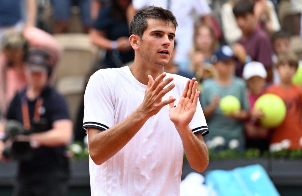 Rafael Jodar of Spain celebrates after the victory during their Men's Singles fourth round match on Day Eight of the 2026 French Open tennis tournament against Pablo Carreno Busta (not seen) of Spain at the Roland-Garros Complex in Paris, France, on May 31, 2026.