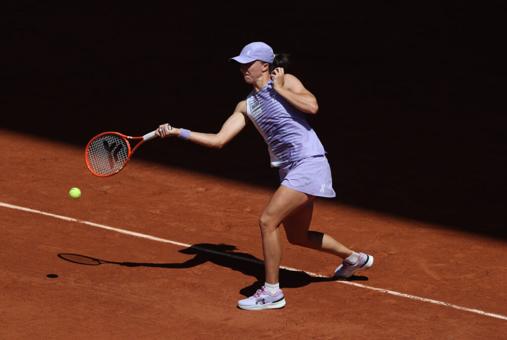 Sara Bejlek of Czechia is seen in action in her second round match against Iga Swiatek of Poland during Day Four of the 2026 French Open at Roland Garros on May 27, 2026 in Paris, France.