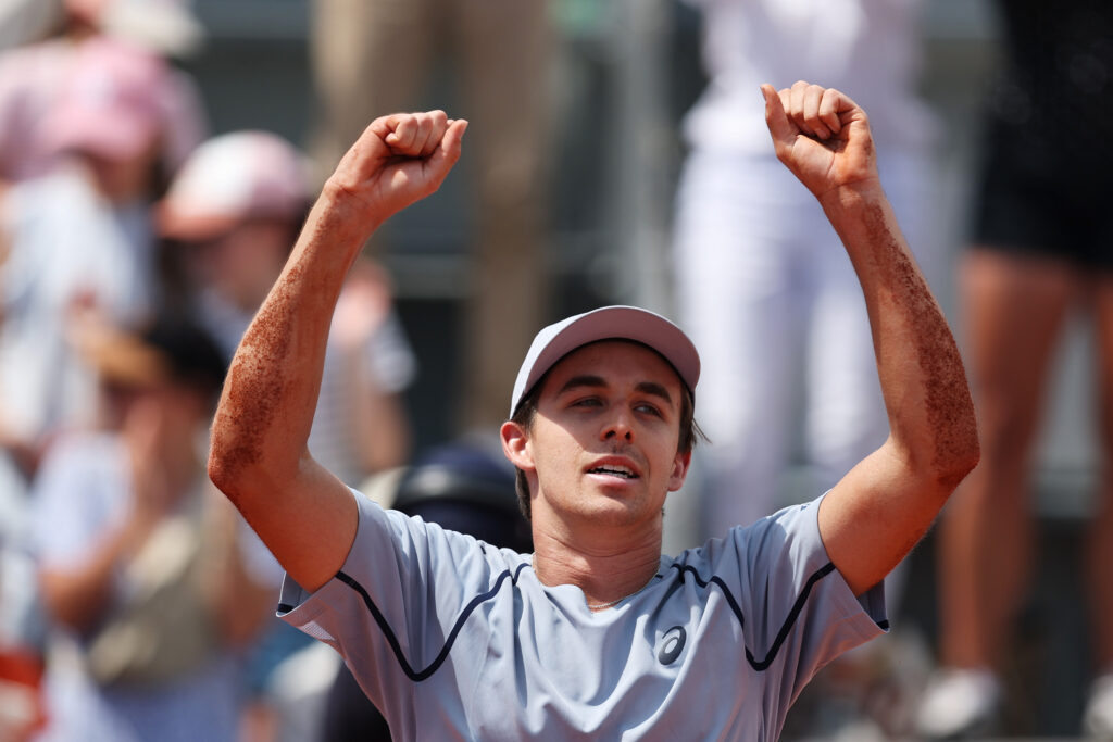 Zachary Svajda reacts after beating Francisco Cerundolo at Roland Garros in 2026.