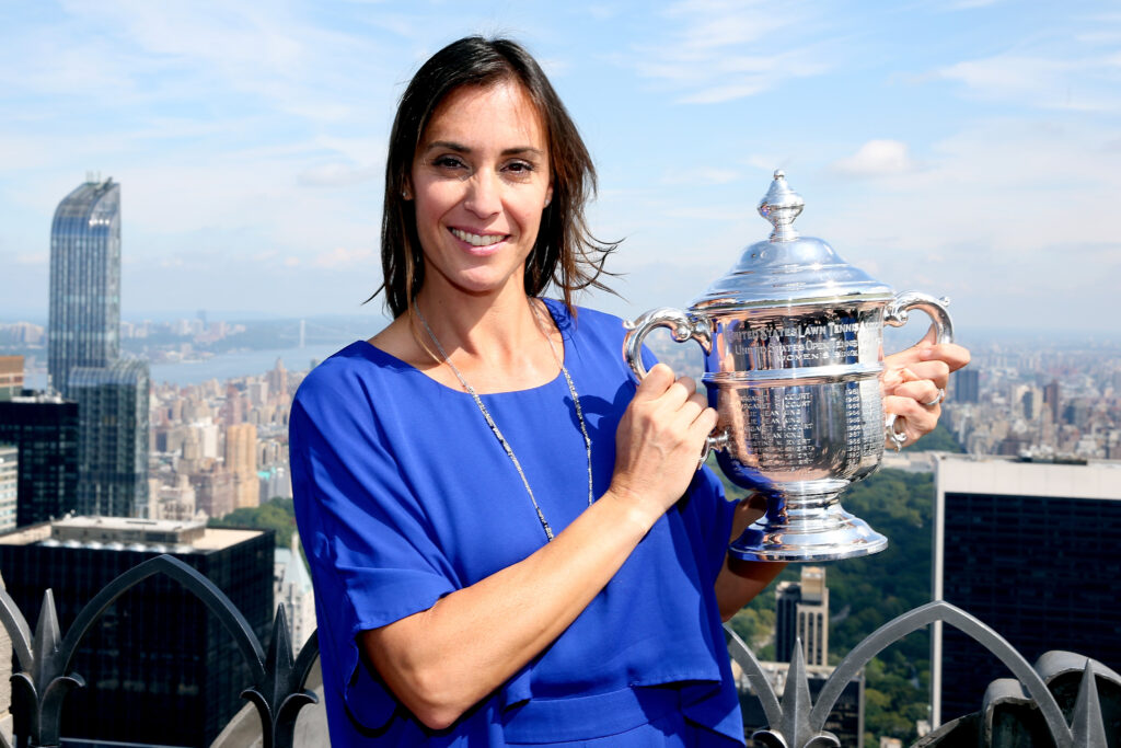Flavia Pennetta of Italy, the 2015 US Open Women's Singles champion, poses with the winner's trophy at the Top of the Rock Observation Deck at Rockefeller Center on Day Fourteen of the 2015 US Open on September 13, 2015 in New York City.