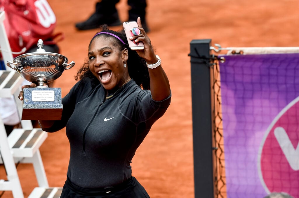 Serena Williams (USA) takes a selfie with the Internazionali d'Italia Cup for winning the WTA Final match Williams (USA) vs Keys (USA) at the Internazionali BNL d'Italia 2016 at the Foro Italico on May 15, 2016 in Rome, Italy.