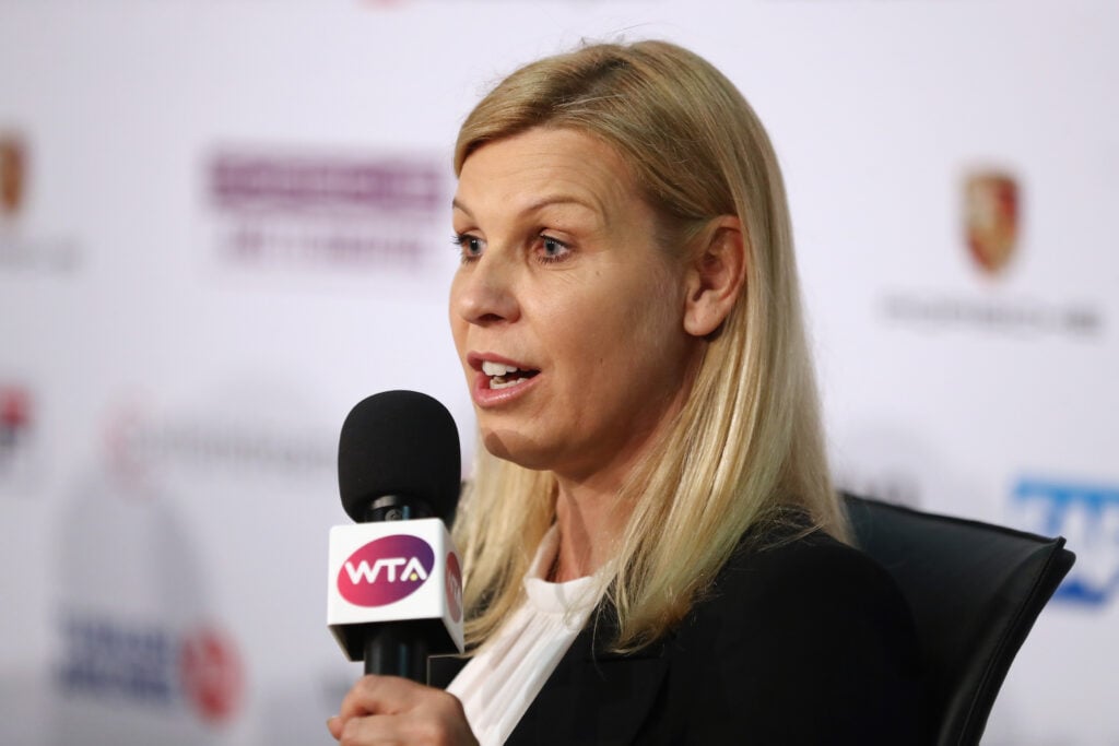 Operating tournament director Anke Huber talks to the media during the closing press conference on day 7 of the Porsche Tennis Grand Prix at Porsche-Arena on April 29, 2018 in Stuttgart, Germany.