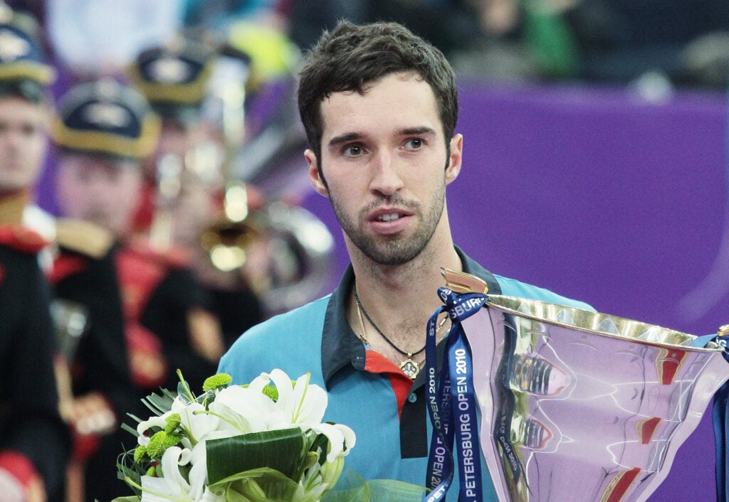 Mikhail Kukushkin celebrates winning the St. Petersburg Open in 2010.