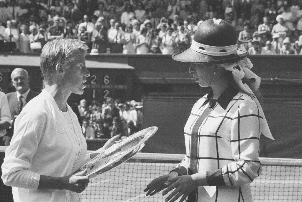 Ann Jones receives the Wimbledon trophy from Princess Anne after winning the 1969 title.
