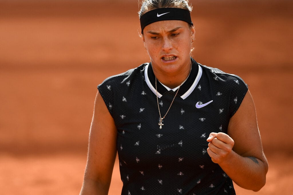 Belarus' Aryna Sabalenka celebrates after scoring a point against Slovakia's Dominika Cibulkova during their women's singles first round match on day three of The Roland Garros 2019 French Open tennis tournament in Paris on May 28, 2019.