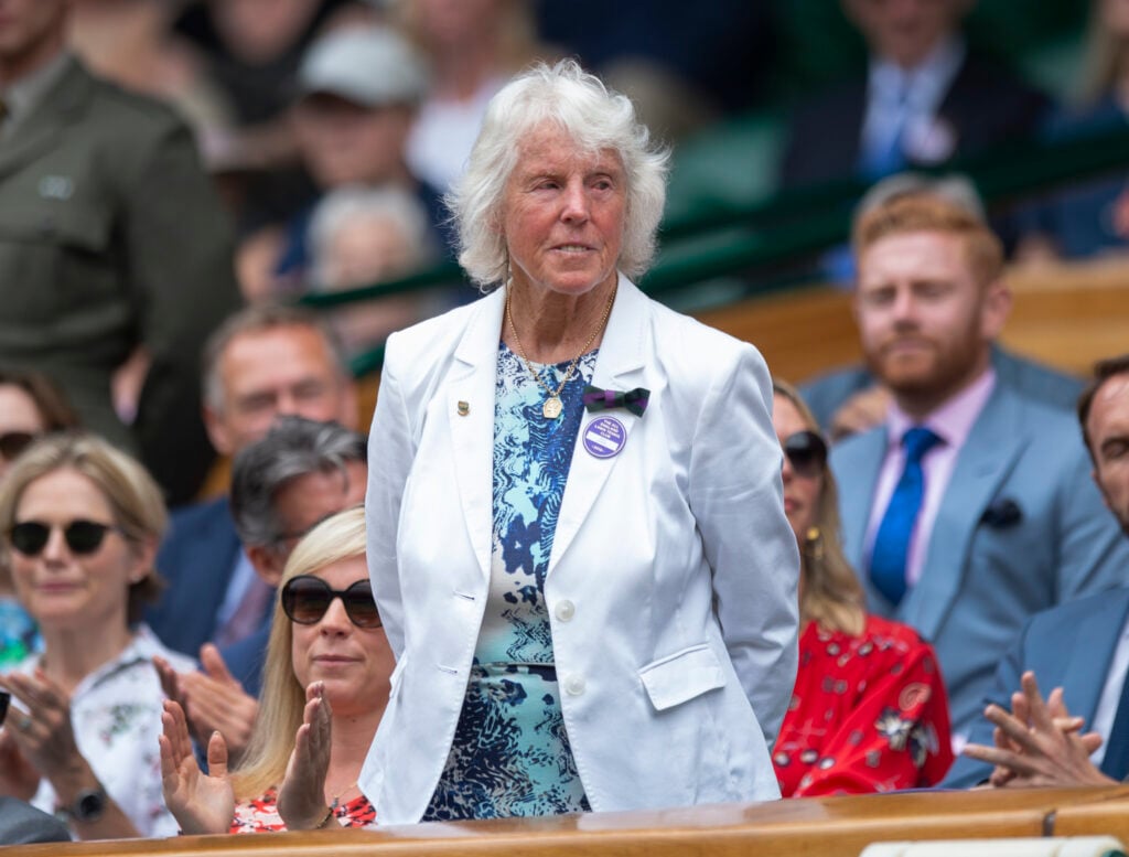Ann Jones is introduced to the Centre Court crowd during Day Six of The Championships - Wimbledon 2019 at All England Lawn Tennis and Croquet Club.