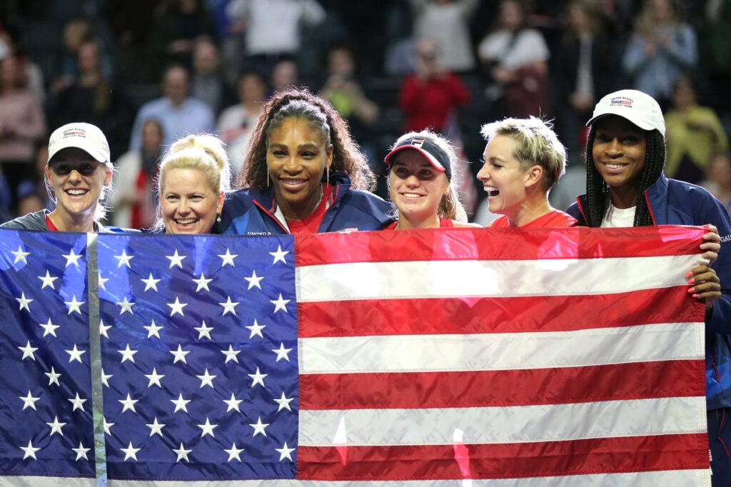 Alison Riske, Kathy Rinaldi, Serena Williams, Sofia Kenin, Bethanie Mattek-Sands and Coco Gauff of USA pose for a photo while celebrating their win against Team Latvia in their 2020 Fed Cup Qualifier.