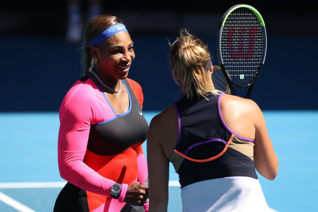 Serena Williams and Aryna Sabalenka meet at the net after their fourth-round match at the 2026 Australian Open.
