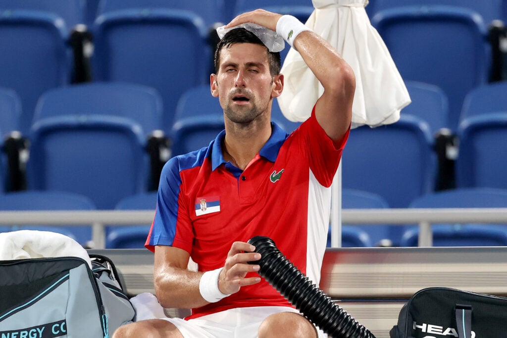 Novak Djokovic reacts during the 2020 Olympics