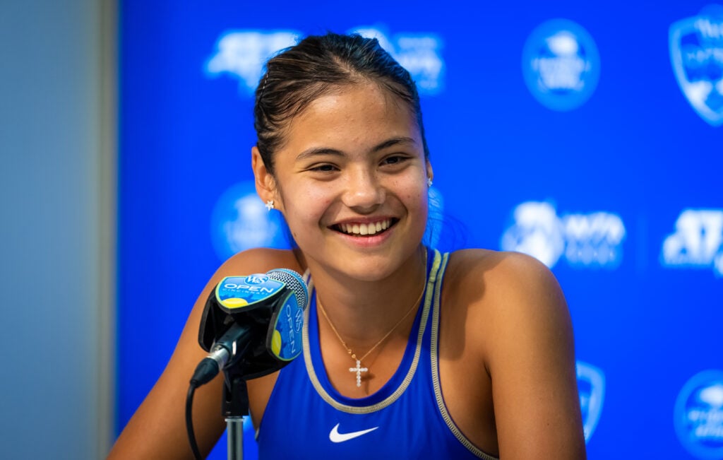 Emma Raducanu of Great Britain talks to the media after defeating Serena Williams of the United States in her first round match on Day 4 of the Western & Southern Open at Lindner Family Tennis Center on August 16, 2022 in Mason, Ohio