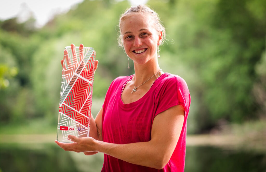 Liudmila Samsonova of Russia poses with the champions trophy after defeating Belinda Bencic of Switzerland in the final of the bett1Open at Steffi Graf Stadion on June 20, 2021 in Berlin, Germany