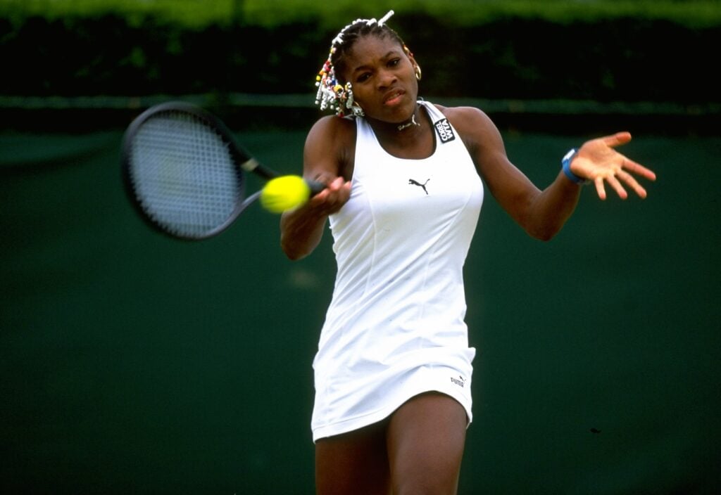 Serena Williams of the USA plays a forehand during the 1998 Wimbledon Championships played at Wimbledon, London, England.