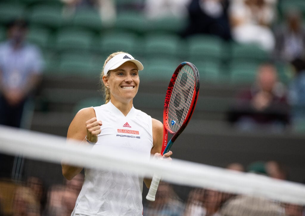 Angelique Kerber of Germany in action during the Women's Singles Quarter Final against Karolina Muchova of Czech Republic at The Wimbledon Lawn Tennis Championship at the All England Lawn and Tennis Club at Wimbledon on July 6th, 2021 in London, England.