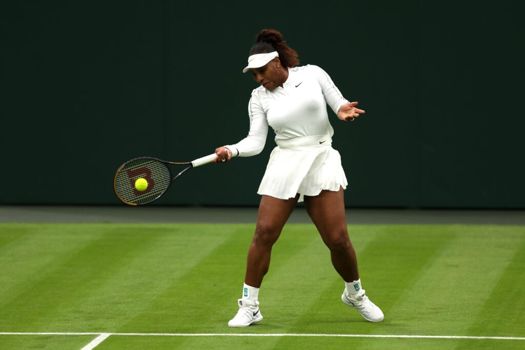 Serena WIlliams practicing ahead of Wimbledon in 2022.