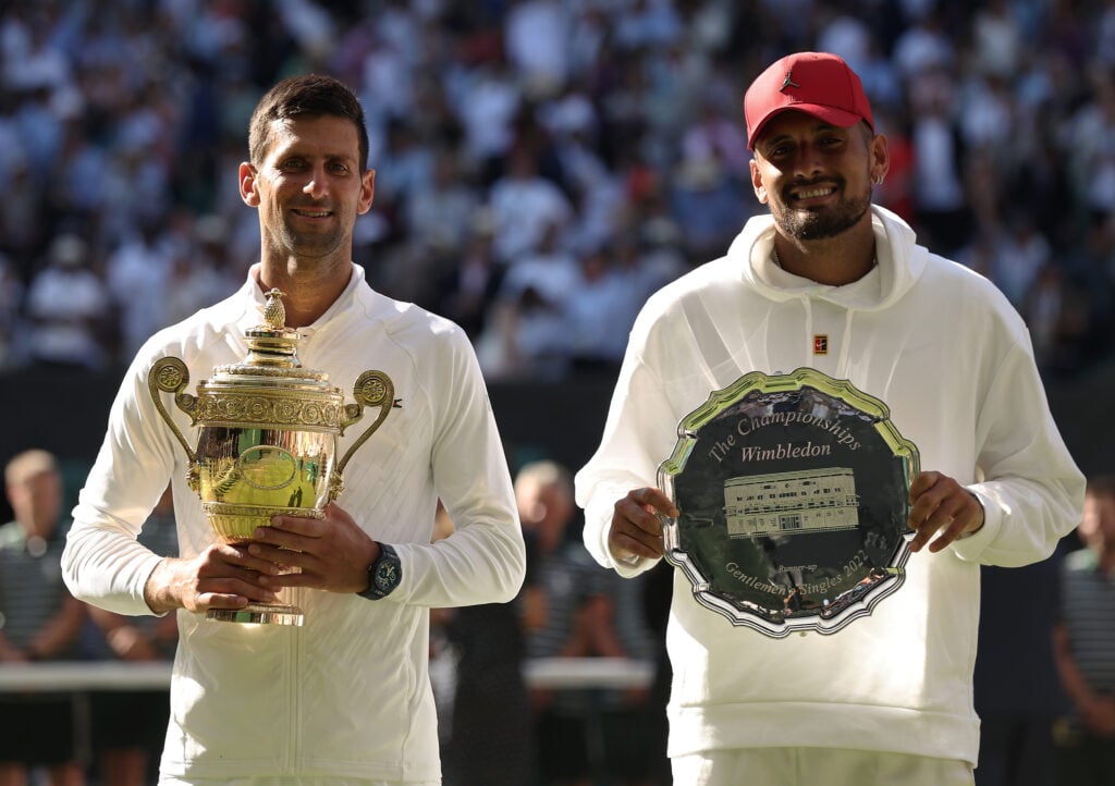 Novak Djokovic and Nick Kyrgios pictured after their Wimbledon final.