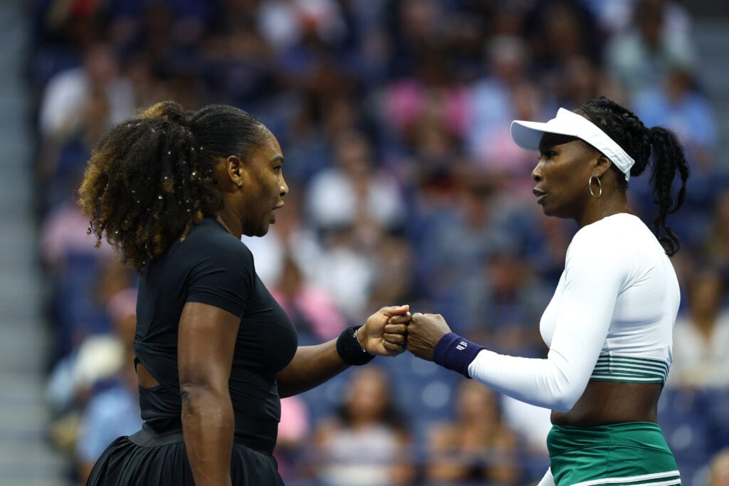 Serena Williams and Venus Williams of The United States react to a point against Lucie Hradecka and Linda Noskova of Czech Republic during the Women's Doubles First Round match on Day Four of the 2022 US Open at USTA Billie Jean King National Tennis Center on September 01, 2022 in the Flushing neighborhood of the Queens borough of New York City.
