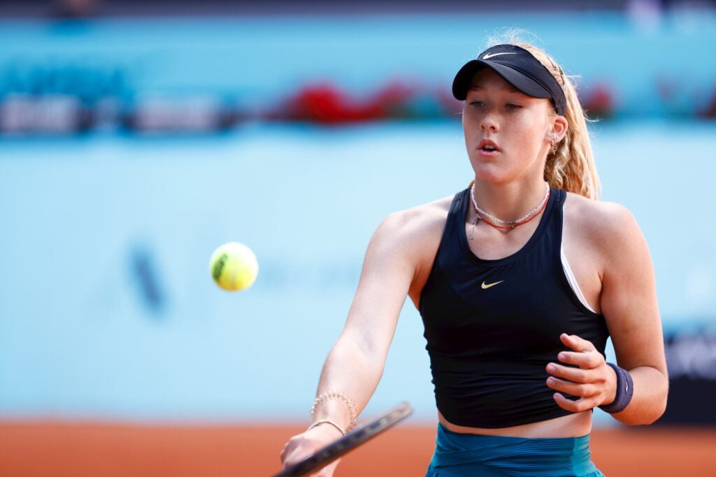 Mirra Andreeva of Russia in action against Leylah Fernandez of Canada during the Mutua Madrid Open 2023 celebrated at Caja Magica on March 26, 2023 in Madrid, Spain.