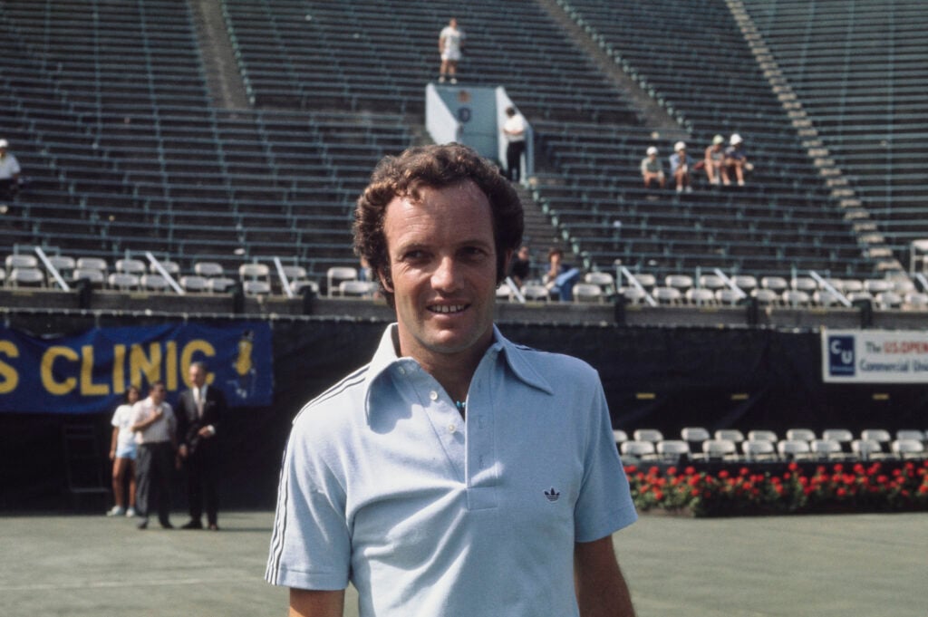 Close-up of tennis star Tom Okker of the Netherlands at the US Open Tennis Championships, West Side Tennis Club, New York, August 1975.